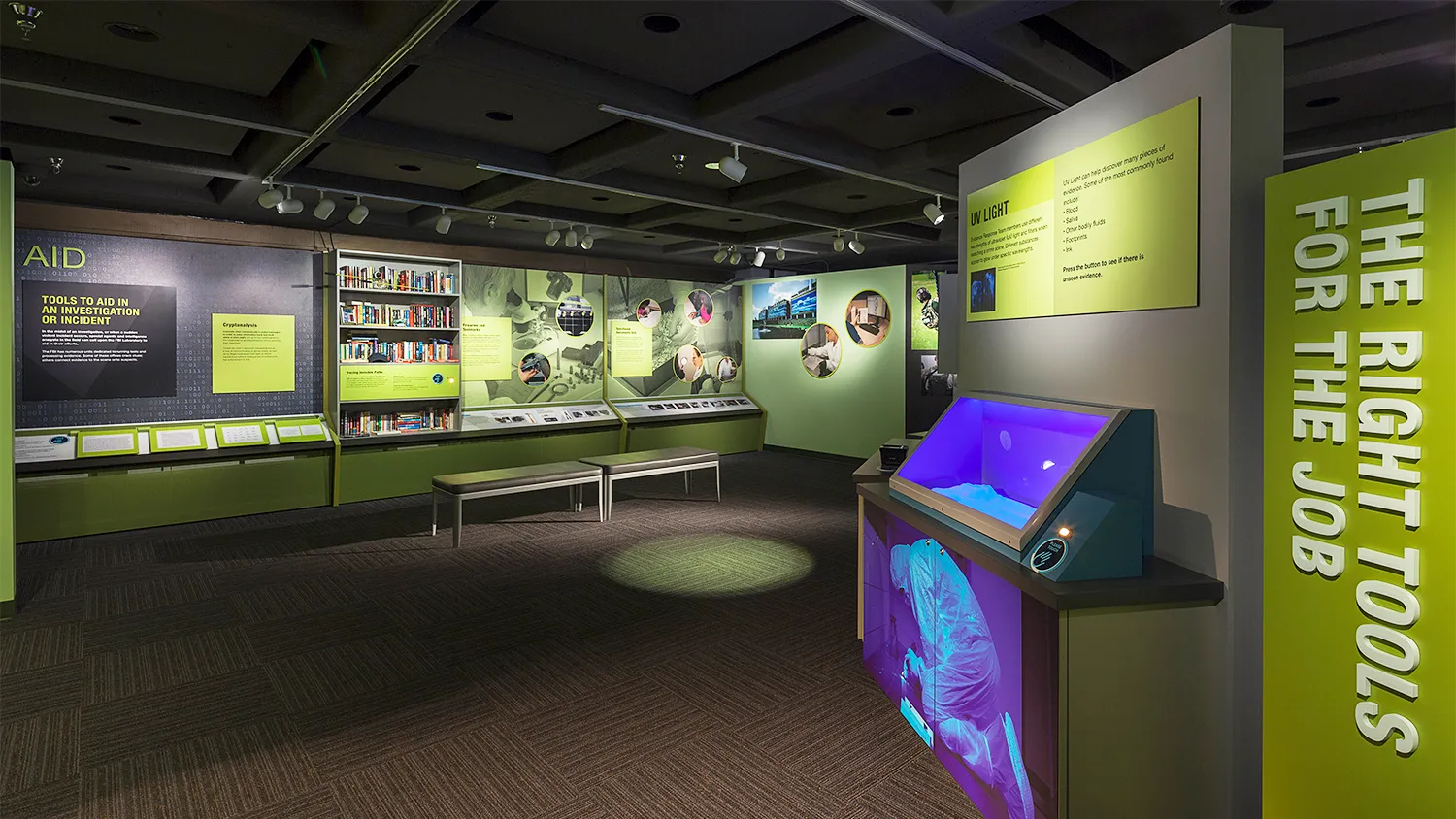 Exhibits on display at The FBI Experience tour at FBI Headquarters in Washington, D.C.
